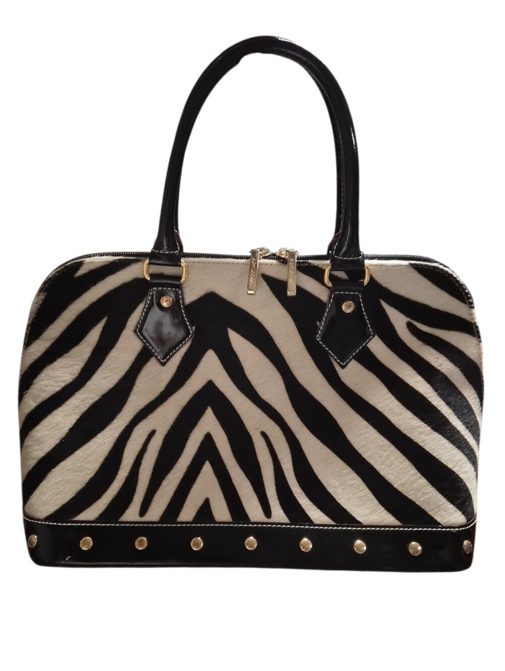 Arcadia Made in Italy Zebra Print Patent Leather Satchel Handbag